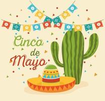 Cinco de mayo cactus et chapeau fanions décoration célébration mexicaine vecteur