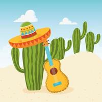Cinco de mayo guitare cactus avec chapeau célébration mexicaine vecteur