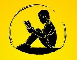 une garçon en train de lire une livre dessin animé silhouette graphique vecteur