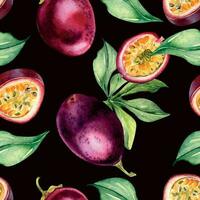 divers passion des fruits sur feuille aquarelle sans couture modèle isolé sur sombre. violet tropical ensemble, tranché maracuja main dessiné. conception pour emballage, emballer, textile, arrière-plan, papier, vaisselle vecteur