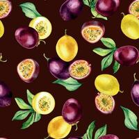 divers passion des fruits sur feuille aquarelle sans couture modèle isolé sur sombre. violet tropical ensemble, tranché maracuja main dessiné. conception pour emballage, emballer, textile, arrière-plan, papier, vaisselle vecteur