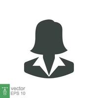 affaires femme icône, vecteur avatar symbole. femelle pictogramme, fille, Dame silhouette signe isolé sur blanc Contexte. affronter, diriger, profil, utilisateur, ouvrier, directeur, femme d'affaires, Bureau concept. eps dix