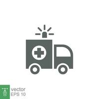 ambulance icône, glyphe urgence voiture, médicament van, se soucier médical soutien, solide style la toile symbole sur blanc Contexte. vecteur illustration eps dix.