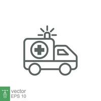 ambulance icône, contour urgence voiture, médicament van, se soucier médical soutien, mince ligne la toile symbole sur blanc Contexte. vecteur illustration eps dix.