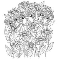 ours en peluche et fleurs dessinés à la main pour un livre de coloriage pour adultes vecteur