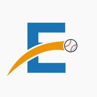 base-ball logo sur lettre e avec en mouvement base-ball icône. base-ball logotype modèle vecteur