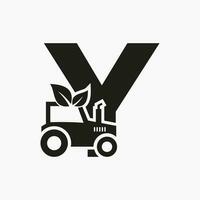 lettre y agriculture logo concept avec tracteur icône vecteur modèle. éco ferme symbole