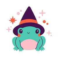 content Halloween illustration. vecteur mignonne illustration de grenouille dans sorcière chapeau dans branché couleurs pour carte postale, prospectus, bannière