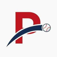 base-ball logo sur lettre p avec en mouvement base-ball icône. base-ball logotype modèle vecteur