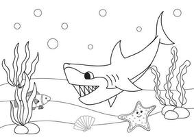 en colère faim dessin animé requin. coloration livre ou page pour enfants. Marin la vie vecteur