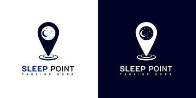 sommeil point logo conception. avec croissant lune, étoiles, et épingle point icône. Hôtel logo. sur blanc, bleu, et marine bleu couleurs. simple, prime, et luxe conception modèle vecteur