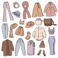 ensemble de vêtements pour femme. hiver des choses collection. foulard, maman jeans, hiver veste, manteau, crayon jupe, gilet, jupes-culottes, énorme chemise, shorts, évasé pantalon, chapeau, gants, Messager sac vecteur