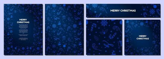 élégant Noël thème arrière-plans dans pente minuit bleu, décoré avec myrtille bleu Noël éléments. magnifique hiver modèles. carte, bannières, affiches, carré modèle. vecteur illustration