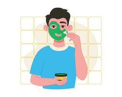 peau se soucier. homme s'applique une cosmétique masque sur sa visage avec une brosse. vecteur graphique.