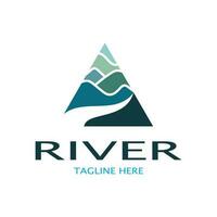 rivière logo, ruisseaux, berges et ruisseaux, avec combinaison de montagnes et les terres agricoles avec vecteur concept conception.