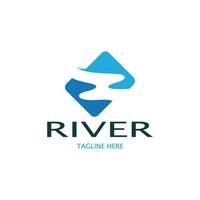 rivière logo, ruisseaux, berges et ruisseaux, avec combinaison de montagnes et les terres agricoles avec vecteur concept conception.