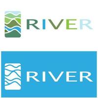 rivière logo, ruisseaux, berges et ruisseaux, avec combinaison de montagnes et les terres agricoles avec vecteur concept conception.