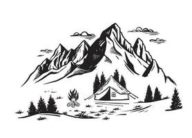 camping dans la nature, paysage de montagne, style de croquis, illustrations vectorielles. vecteur