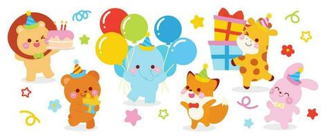 content anniversaire concept animal vecteur ensemble. collection de adorable faune, lion, éléphant, girafe. anniversaire fête marrant animal personnage illustration pour salutation carte, invitation, enfant, éducation.