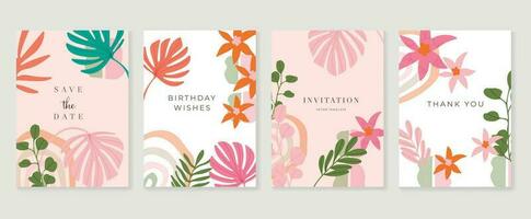 ensemble de abstrait floral invitation carte Contexte vecteur. main tiré vibrant Couleur botanique fleur et feuille branche couverture. conception illustration pour prospectus, affiche, bannière, brochure, mariage, anniversaire. vecteur