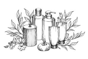 main tiré vecteur encre spa soin de la peau une baignoire beauté des produits paquet fleurs. horizontal composition isolé sur blanc Contexte. conception pour mur art, bien-être station balnéaire, imprimer, tissu, couverture, carte, brochure.