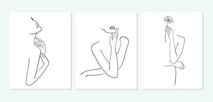 ensemble de minimal ligne art femme avec main sur affronter. noir lignes dessin. - vecteur illustration