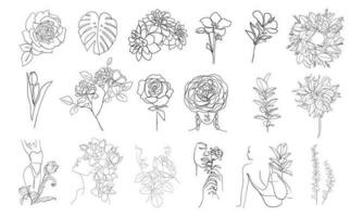 ensemble de feuilles, fleurs et visages ligne art dessin. - vecteur illustration