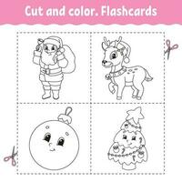 coupe et couleur. jeu de flashcards. livre de coloriage pour les enfants. personnage de dessin animé mignon. silhouette de contour noir. thème de noël. isolé sur fond blanc. vecteur