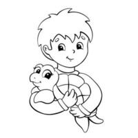 une peu garçon est en portant une tortue. coloration page pour enfants. numérique timbre. dessin animé style personnage. vecteur illustration isolé sur blanc Contexte.