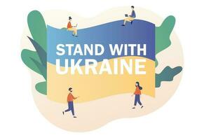 minuscule gens avec drapeau de Ukraine. supporter avec Ukraine sur bleu et Jaune ukrainien drapeau. Arrêtez guerre. non guerre. moderne plat dessin animé style. vecteur illustration sur blanc Contexte