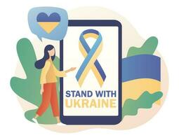 ukrainien drapeau Bande ruban sur téléphone intelligent filtrer. bleu et Jaune enregistrer. drapeau de Ukraine. supporter avec Ukraine. Arrêtez guerre. non guerre. moderne plat dessin animé style. vecteur illustration sur blanc Contexte