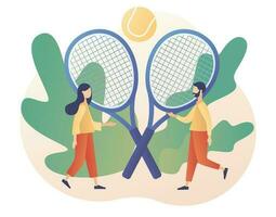 sport club en ligne. tennis rechercher, tennis raquettes et des balles. groupe activité, entraînement. championnat et tournoi. moderne plat dessin animé style. vecteur illustration sur blanc Contexte