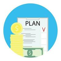 affaires plan icône finance. investissement plan liste de contrôle, argent et tâche, vecteur illustration