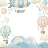 modèle pour Cadre avec chaud air des ballons, des nuages et arc-en-ciel. main tiré aquarelle illustration avec pastel avions pour salutation cartes ou bébé douche invitations sur blanc isolé Contexte vecteur