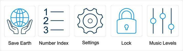 une ensemble de 5 mélanger Icônes comme enregistrer Terre, nombre indice, réglages vecteur