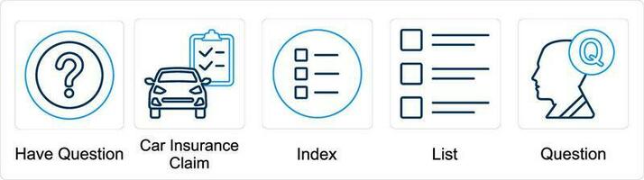 une ensemble de 5 mélanger Icônes comme avoir question, voiture Assurance réclamation, indice vecteur