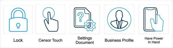 une ensemble de 5 mélanger Icônes comme serrure, censurer touche, réglages document vecteur