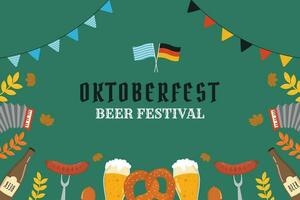 plat Contexte pour oktoberfest fête. une agresser de bière, une bouteille de bière, une bretzel, une saucisse vecteur