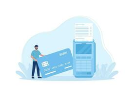 une homme avec un edc machine et une crédit carte concept plat illustration vecteur