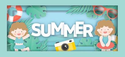 bannière de vente d'été tropicale avec éléments d'été et style de papier découpé vecteur