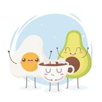 oeuf au plat, avocat, tasse de chocolat, personnage de dessin animé de nourriture kawaii vecteur