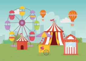 fête foraine carnaval tente montgolfière stand billets grande roue loisirs divertissement vecteur