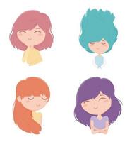 jeunes femmes différentes couleurs de cheveux personnages portraits dessin animé vecteur