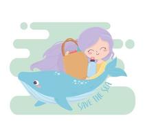 fille baleine et sac à provisions sauvent l'écologie de l'environnement marin vecteur