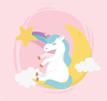 licorne assise sur des nuages de lune étoile fantaisie rêve magique dessin animé mignon vecteur