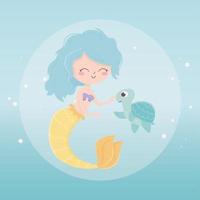dessin animé de bulles de sirène et de tortue sous la mer vecteur