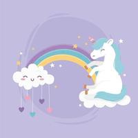 licorne assise sur un nuage arc-en-ciel avec des coeurs fantastiques rêve magique dessin animé mignon vecteur