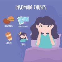 insomnie, fille avec des poches sous les yeux et provoque un trouble stress repas copieux caféine et mauvaises habitudes de sommeil vecteur