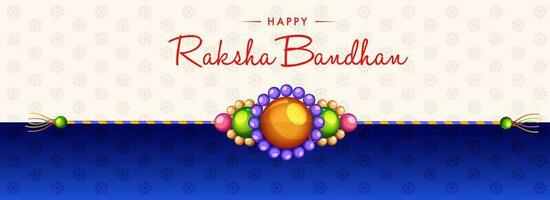 content raksha bandhan salutation carte ou bannière conception avec magnifique coloré perle rakhi sur blanc et bleu Contexte. vecteur