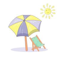 isolé sur fond blanc chaise longue, parasol et soleil en style cartoon. concept de design pour des vacances d'été. illustration vectorielle sur le thème du repos au bord de la mer. vecteur